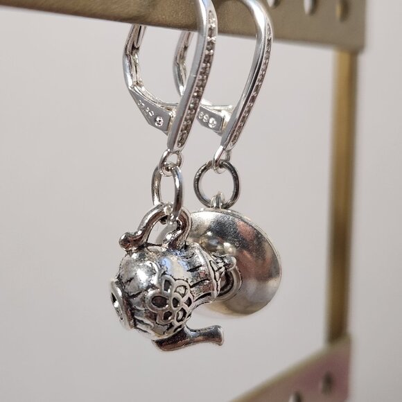 VTG 925 Teapot and Cup & Saucer Dangle Zircon Leverback Earrings - Picture 5 of 14